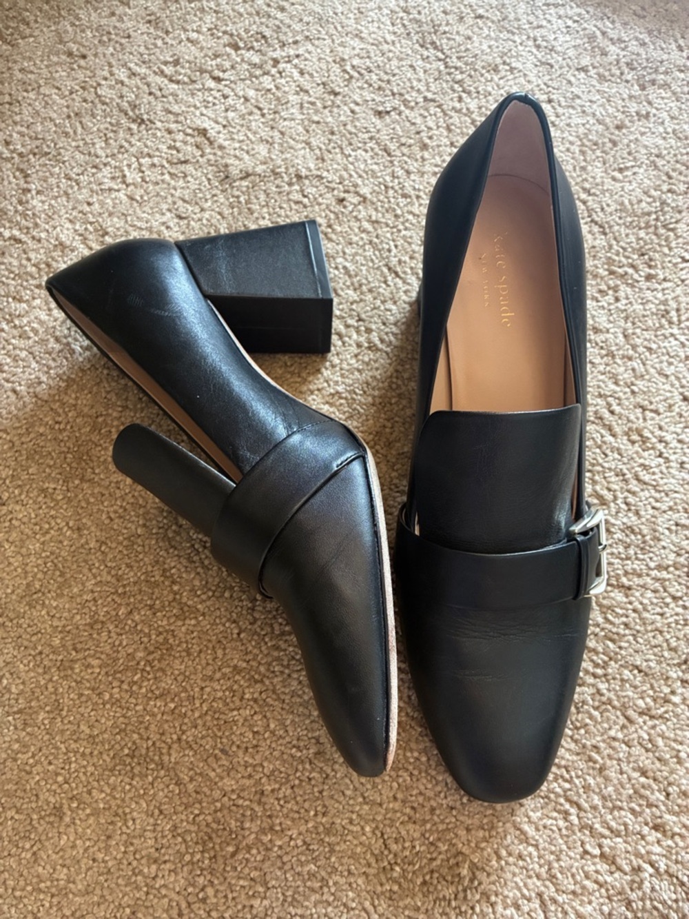 Kate Spade Black Leather Leandra Block Heel Loafers Buckle Pumps size 10